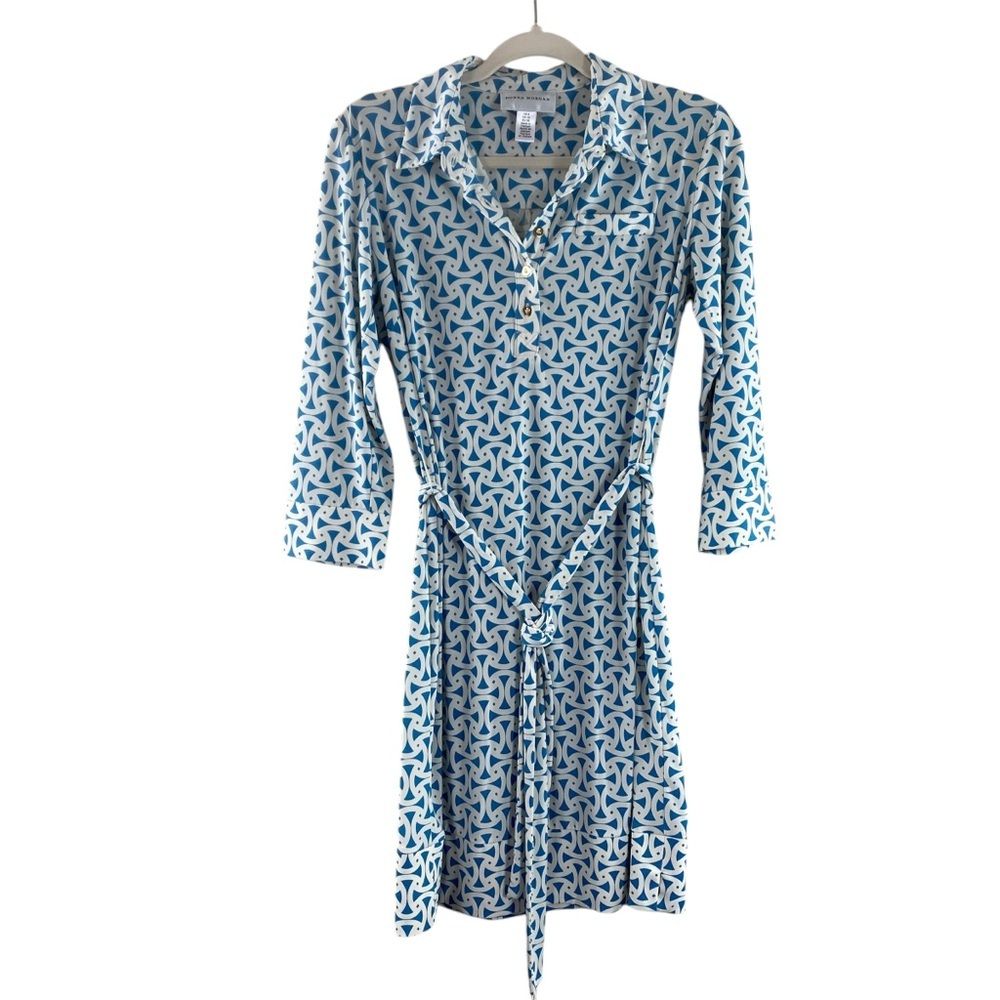 Donna Morgan Cream and Blue Geometric Midi Shirt Dress Sz 6